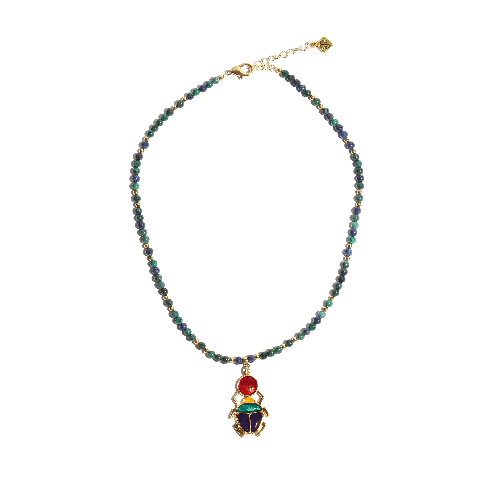 Chrysocolla Bead Necklace with Enamel Scarab Pendant
